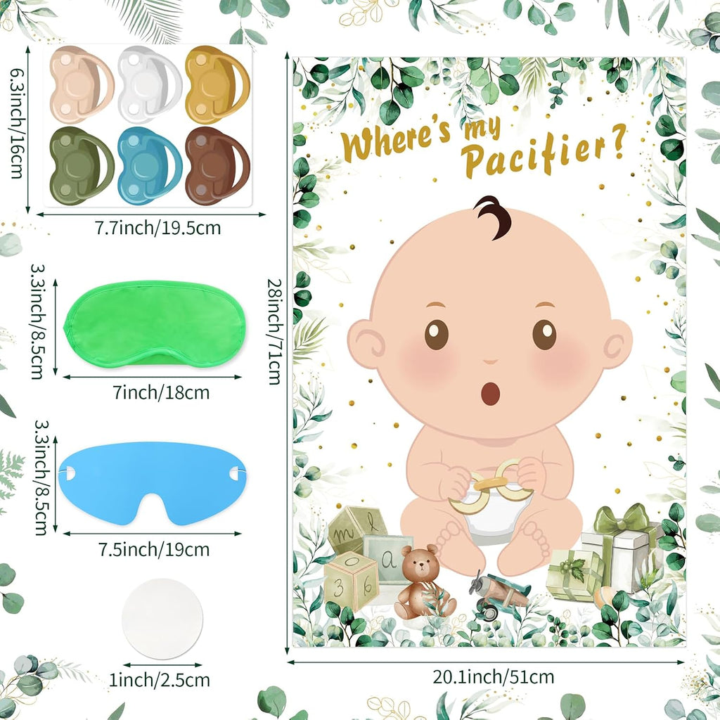 Hxezoc Baby Shower Games Pin The Pacifier On The Baby Game with 36 Pacifier Stickers, Large Green Baby Poster Games for Baby Shower Party Kids Birthday Party Supplies