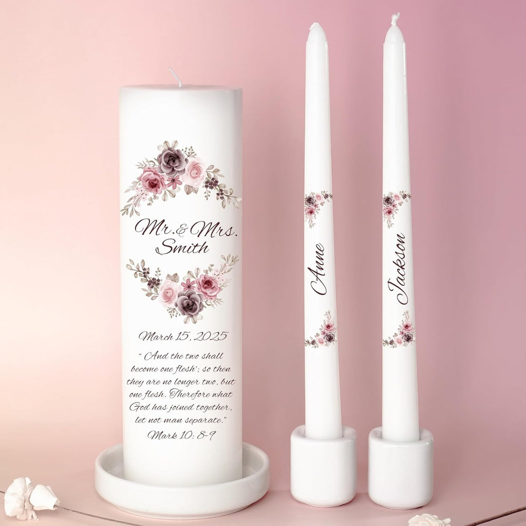 Unity Candles for Wedding, Mr and Mrs Modern Unity Set, Custom and Personalized Pillar and Taper Candles with Bible Quote, Unscented White Premium Wax, Religious and Wedding Ceremony, Special Events