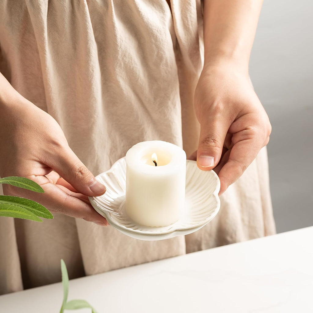 BEUNAIZER Ceramic Pillar Candle Holder, 4.7 in Round Plate Tray for Decor | Works with tealights, flameless pieces, jars or palo santo for flexible styling during dinners, parties or quiet routines.