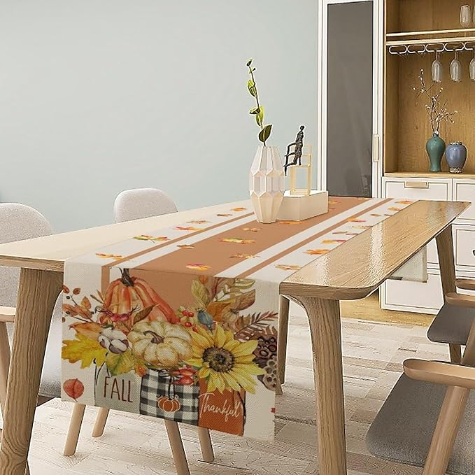Autumn Table Runner,Thanksgiving Fall Pumpkin Leaves Floral Table Cloth for Kitchen Dining Table Decoration Home Party Decor 13x36 Inch