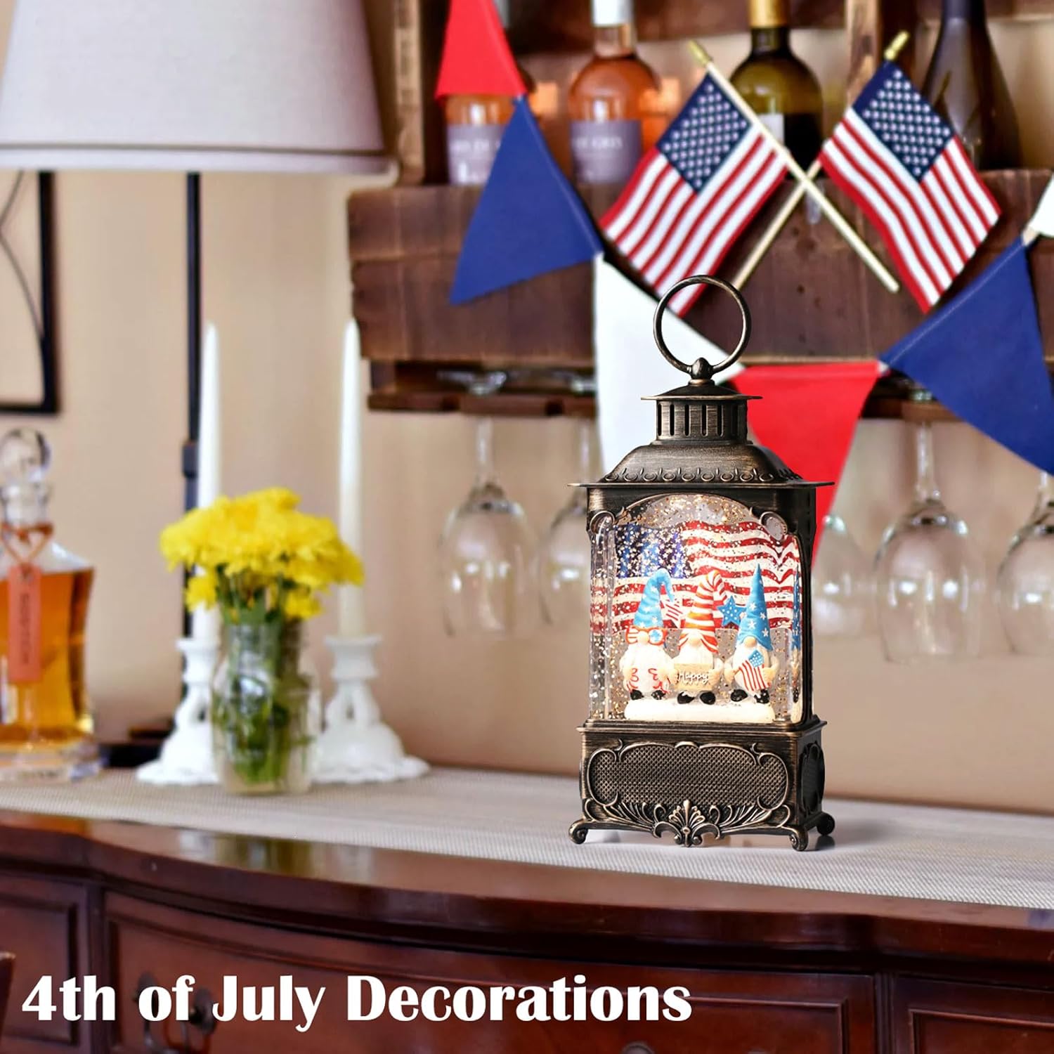 Priddop Gnome Snow Globe Lantern 4th of July Decorations with Timer, USB and Battery Powered 4th of July Shirts Patriotic Gnomes and American Flag Independence Day 10.2 inch