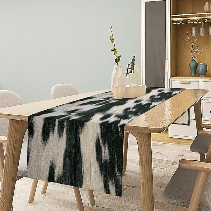 Rustic Cow Skin Print Table Runner, Country Farm Animal Fur Skin Pattern Western Style Brown Cowhide Print Cotton Linen Cottage Dinner Runner for Home Kitchen Dining, 13x60 Inch