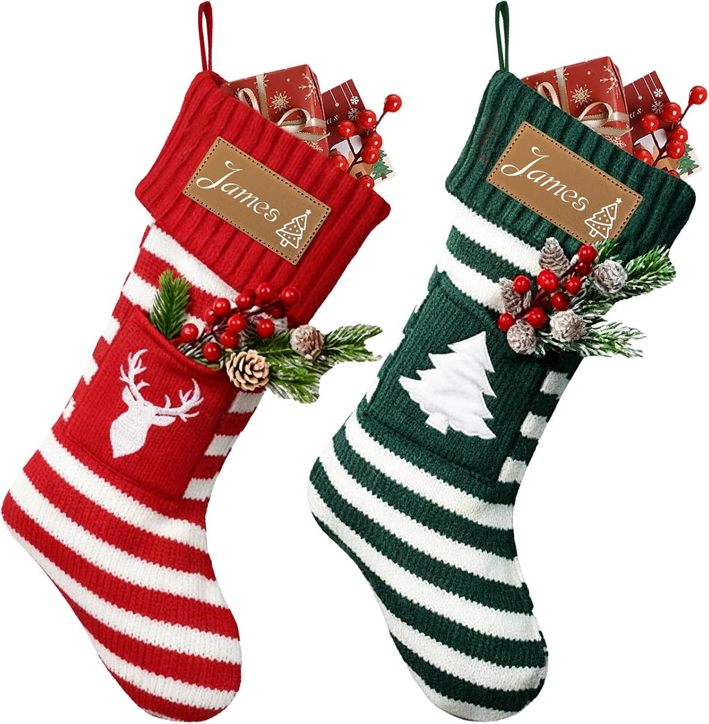 DPDP Personalized Christmas Stockings – Custom Christmas Stockings with Names, 18" Large Family Knit Stocking with Leather Nameplate, Customized Xmas Decorations for Fireplace, Gifts for Kids 1 Pack
