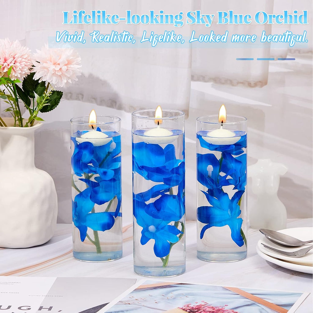Juexica 28 Pieces Floating Flowers for Centerpieces Blue Orchid Flowers Vase Fillers Unscented Floating Candles for Wedding Table Party Home Decoration