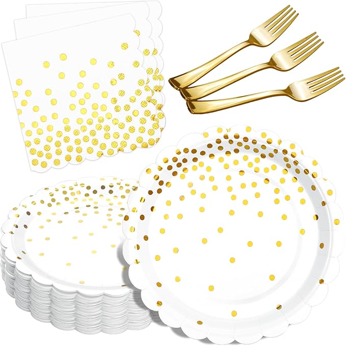 Gold Plates and Napkins Party Supplies 35 7inch disposable dessert plates for party, Gold Birthday New Years Party Decorations
