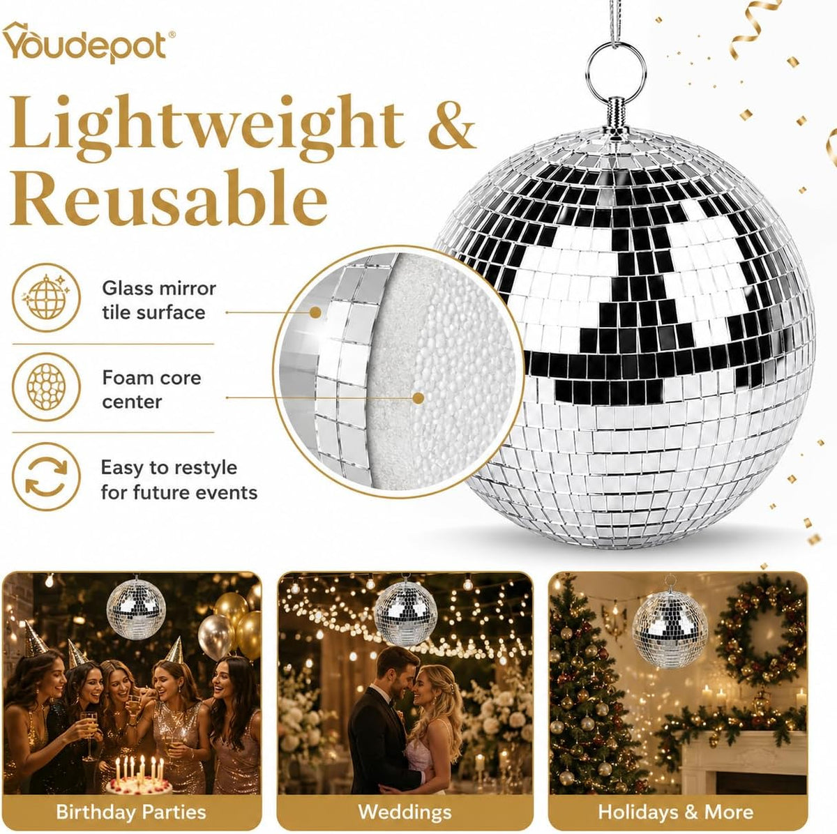 Youdepot 8-Inch Silver Disco Ball Mirror Ball 2-Pack