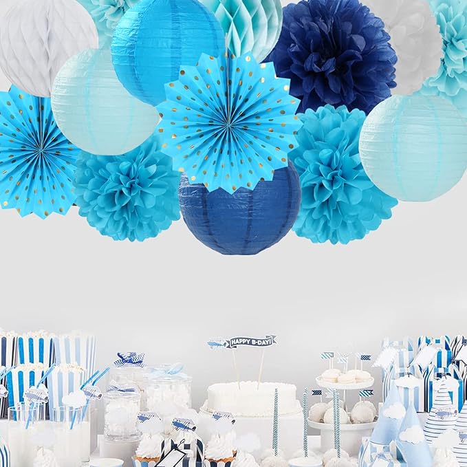 Light-Royal Navy-Blue White Party-Decorations Streamers - 14pc Boy Birthday Baby Shower Paper Lanterns Fan,Tissue Pom Poms,Honeycomb Balls,Bachelorette Bridal Wedding Engagement Decor Lasting Surprise
