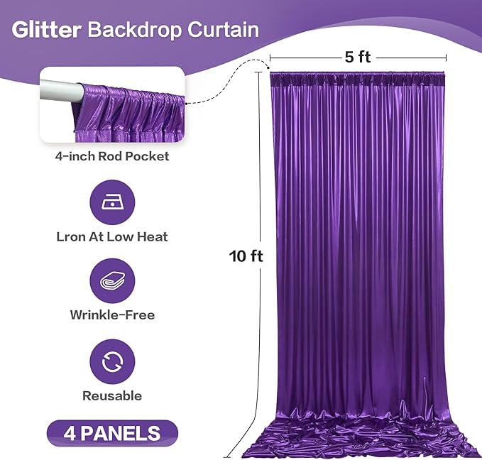 gogoparti 20x10FT Purple Sequin Backdrop Curtain - 4 Panels of 5x10FT Wrinkle-Free Glitter Drapes for Photography, Birthdays, Weddings & Graduations