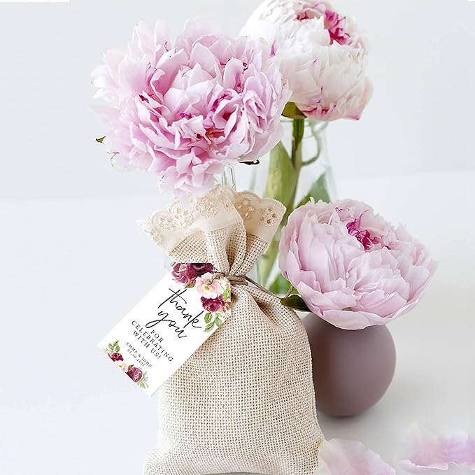 Andaz Press 100-Pack Personalized Thank You for Celebrating with Us Wedding Favor Tags with Bakers Twine Fall Burgundy Marsala Custom Thank You Tags Wedding Gift Tags for Party Favors 2 X 3.75-Inches