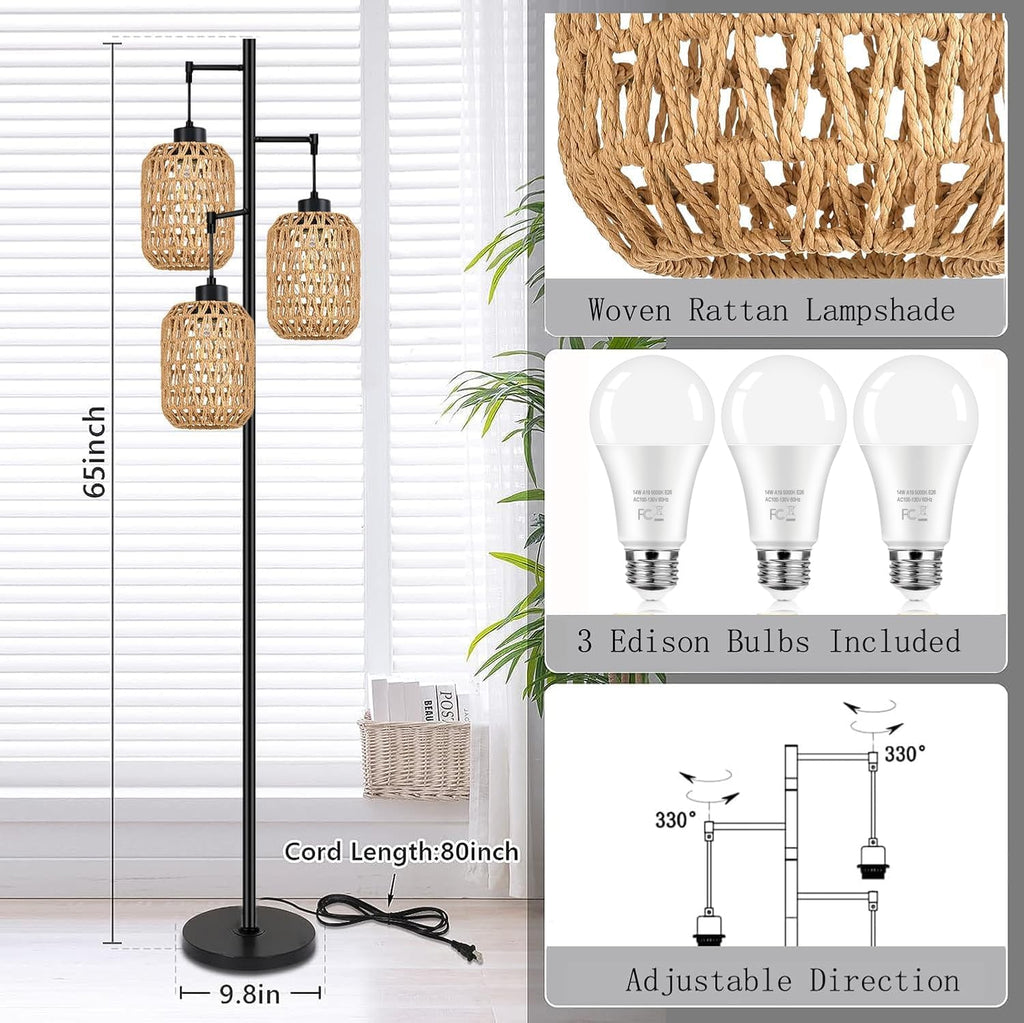 qiyizm floor lamp for living room,bedroom,boho rattan tree showing dimensions