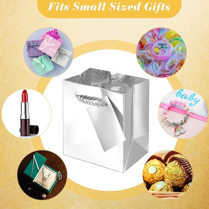 Sherr 100 Pack Mini Gift Bags Bulk, 4 x 2.75 x 4.5 Inches Paper Bags with Tags, Extra Small Paper Gift Boxes with Handles for Birthday, Party Favors, Weddings, Small Business(Silver)