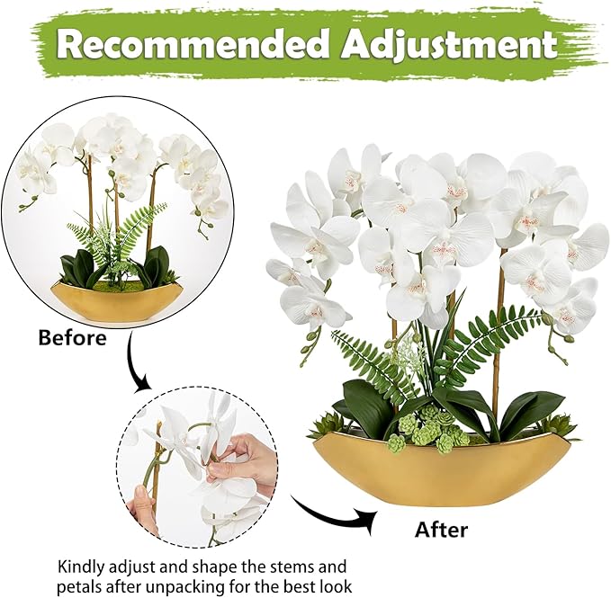 Briful Orchid Fake Flowers 18in White Artificial Orchid Silk Flowers in Gold Pot Faux Orchid Arrangement for Home Office Bathroom Dining Table Modern Decoration
