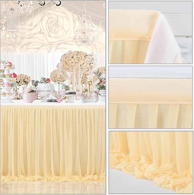 9ft Champagne Table Skirt for Weddings Table Cloth Elegant Tutu Table Skirt Cover for Birthday Party Baby Shower Dessert Buffet Banquet Decorations