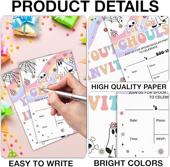 Halloween Birthday Invitations Groovy Rainbow Ghost Halloween Birthday Party Fill in Invites Cards With Envelopes (20 Count) Double Sided Design, Let's Go Ghouls