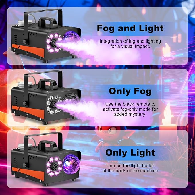 1200W Fog Machine, Halloween Smoke Machine Fog with Disco Ball Lights, 6000CFM with 13-Color LED Effects, Wired And Wireless Remote Controls, Ideal for Indoor, Outdoor, Wedding, Parties, and DJ Stage