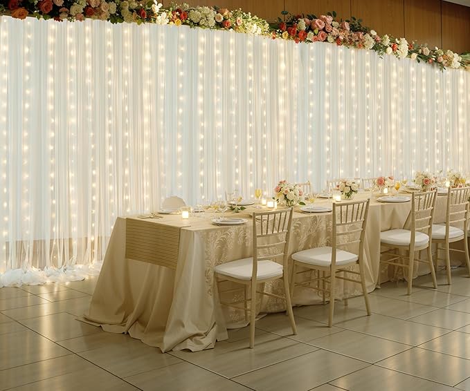 Ivory Tulle Backdrop Curtains with Lights String for Parites Wedding 20×10ft Ivory Sheer Backdrop Curtains for Baby Shower Birthday Party Photo Shoot Background Decorations(4 Panels 5ft×10ft)