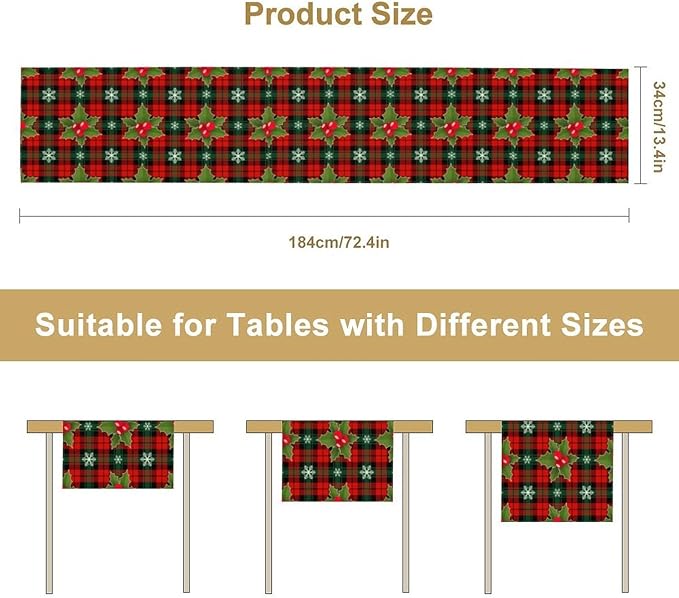 Christmas Table Runner, Red Check Plaid Winter Xmas Holiday Table Cloth Kitchen Dining Table Decoration for Home Party Decor 13x120 Inch