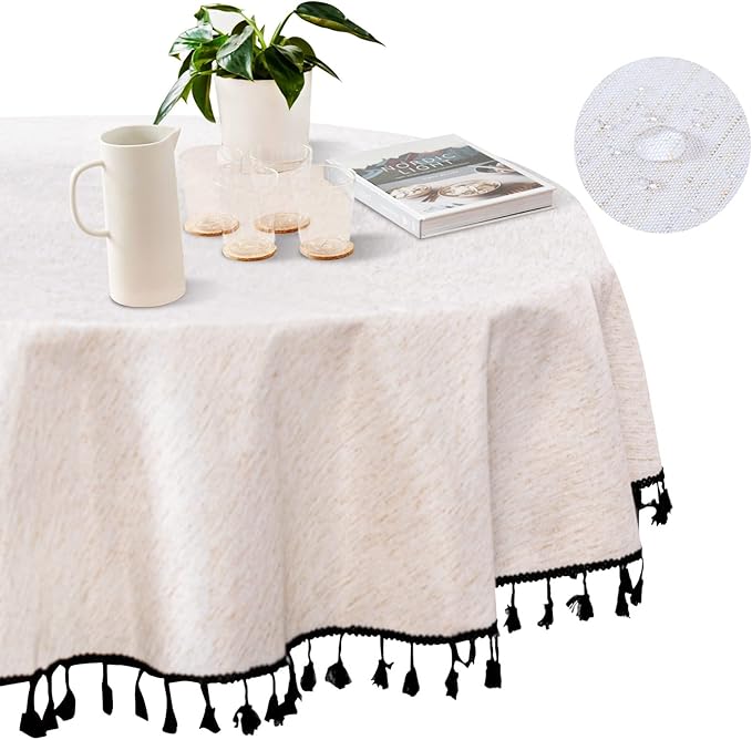 MYSKY HOME 60 Inch Round Cotton Tablecloth, Heavy Duty, Waterproof, Wrinkle Resistant, Black Tassels, Modern Elegant Design, Kitchen, Dining, Parties, Events