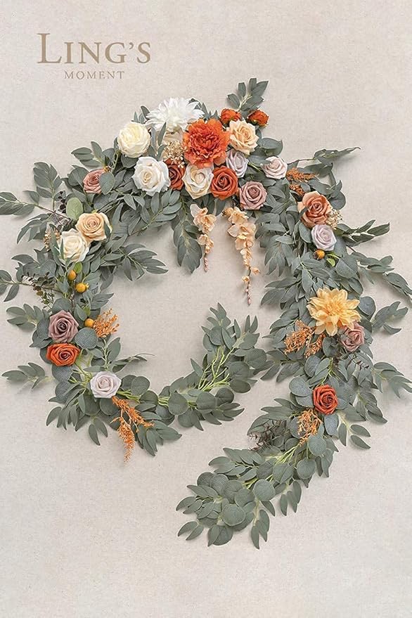 Ling's moment Fall 9FT Flower Garland for Backdrop Decorations - Wedding Arch Flowers, Eucalyptus & Rose, Artificial Floral Garland for Mantle - Sweetheart Table Decor for Ceremony, Terracotta