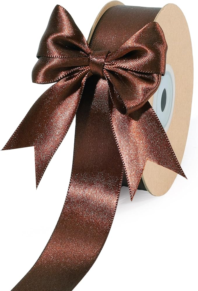 LaRibbons Brown Satin Ribbon 1 Inch 50 Yards Luxury Double Faced Firar Brown Silk Ribbon for Flower Bouquet Crafts Gift Wrapping Wedding Christmas Decoration