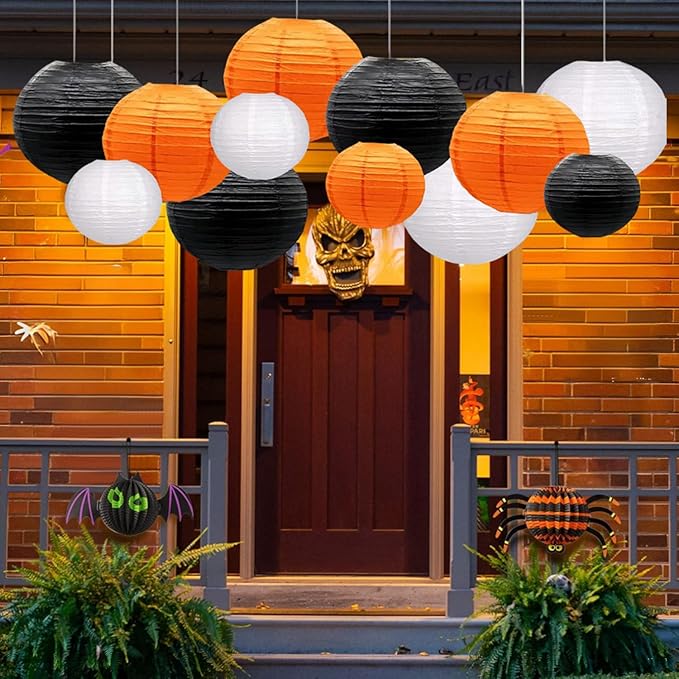 Orange Black White Paper Lanterns Decorative 12pcs Halloween Hanging Decorations for Graduation Thanksgiving Birthday Party Decorations