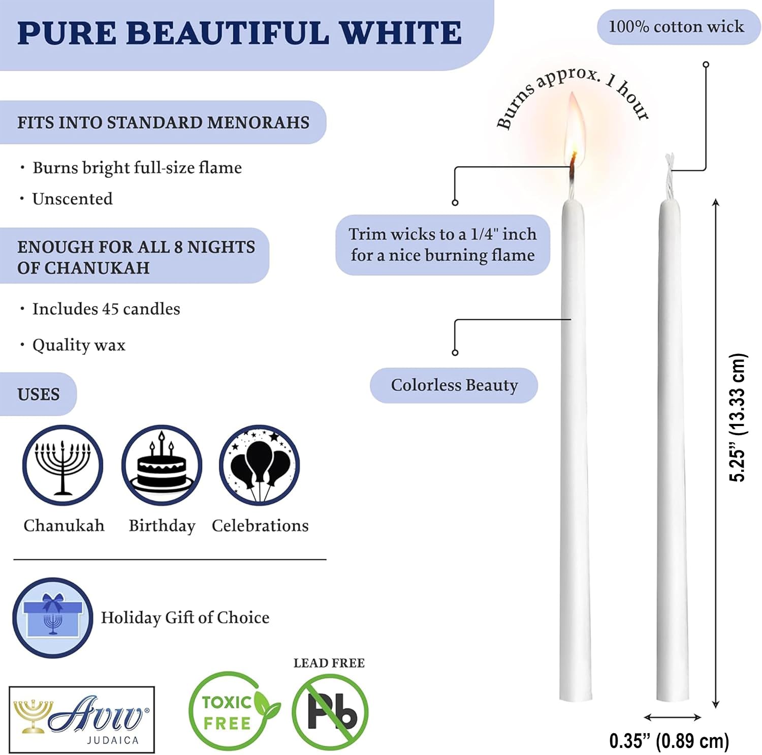5.25" Premium Dripless Hanukkah Candle Bundle of 45 Solid White Tapered Candles for Standard Chanukah Menorahs Birthday Party Celebration Candles for 8 Nights of Hanukah W/DIY Dreidel