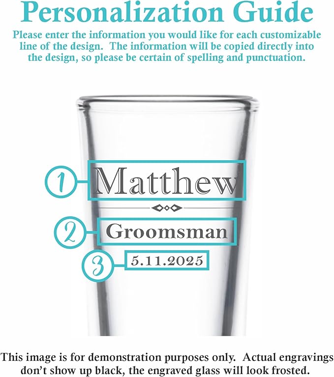 Custom Engraved Shot Glass – 2oz Tall Clear Glass – Personalized Gift for Wedding Party – Classic Etched Barware Keepsake for Groomsmen, Bridesmaids, and More (1)