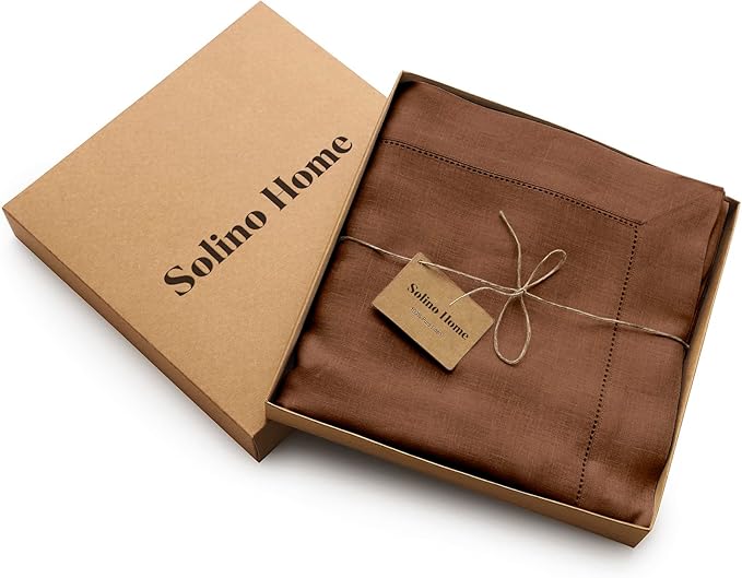 Solino Home Linen Tablecloth 60 x 108 Inch - Classic Hemstitch 100% Pure Linen Brown Table Cloth for Rectangle Tables - Machine Washable Tablecloth for Fall, Autumn, Thanksgiving