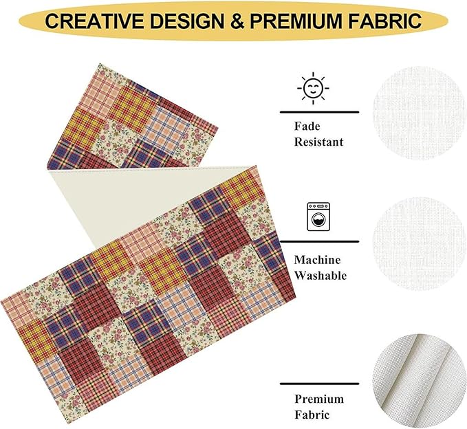 Patchwork Table Runner, Boho Vintage Floral Checkered Plaid Bohemian Paisley Flower Farmhouse Table Center Decor for Home Kitchen Dining Patio Holiday Party Indoor Table Decorations, 13"x108" Inch