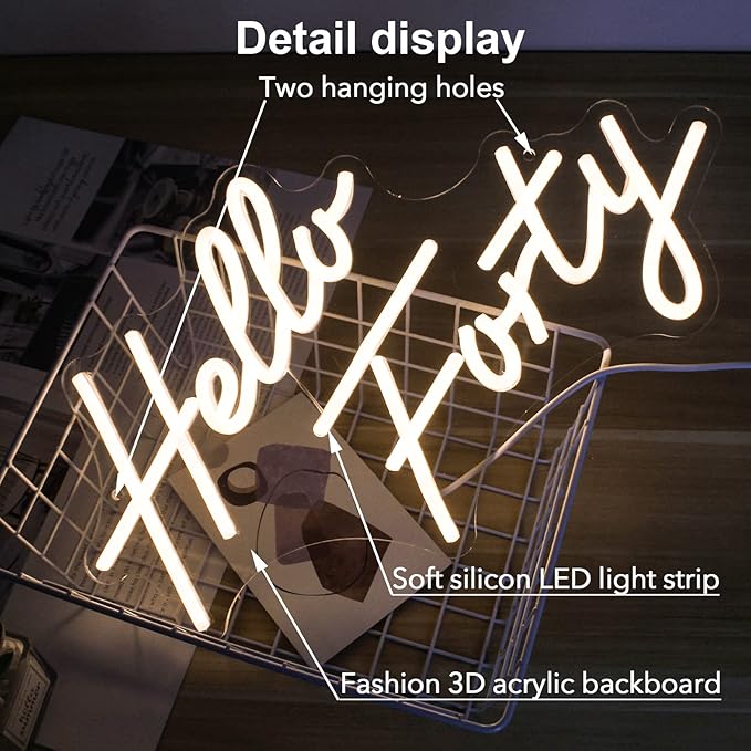 LED Hello Forty Neon Sign 16.5x9.4 inch - Dimmable Wall Decor for 40th Birthday, Bedroom, Office, Beauty Salon with USB Power