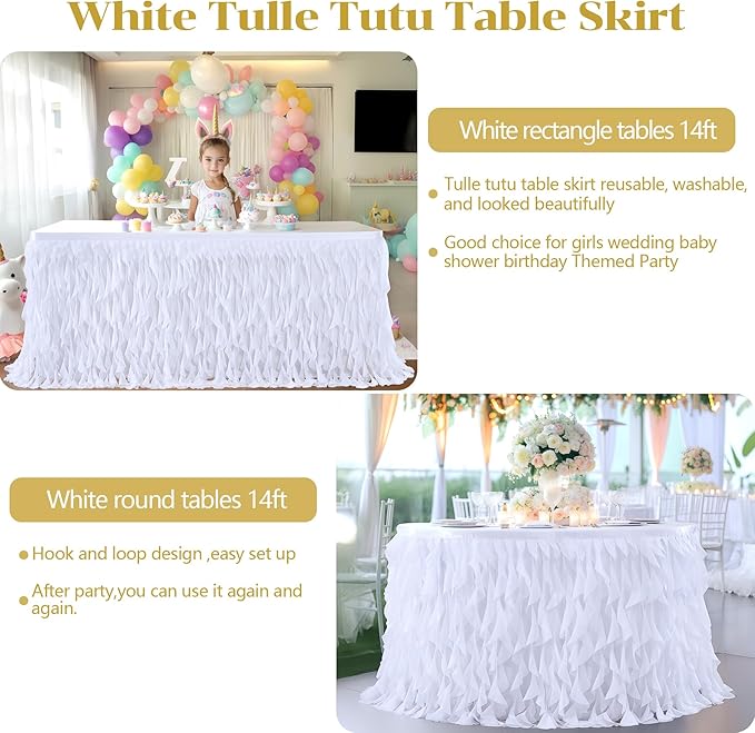 Partisky White Tulle Curly Willow Table Skirt for Rectangle Table 14ft, Ruffle Tutu Table Cloth for Wedding,Bridal Shower, Baby Shower,Birthday Party