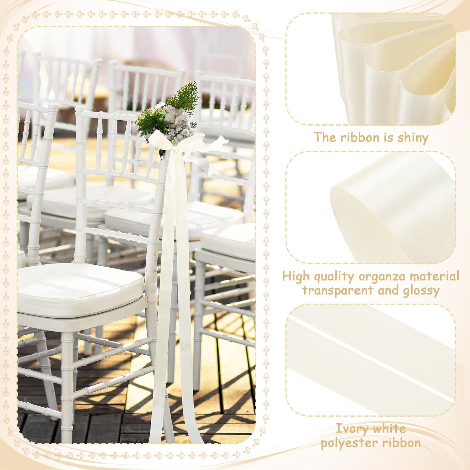 Daifunli Ivory White 24 Pcs Wedding Bows Aisle Decorations Satin Bows for Chairs Decor Pew Decorations Elegant Ceremony Ribbons for Wedding Background Church Bridal Shower Marriage Ceremony