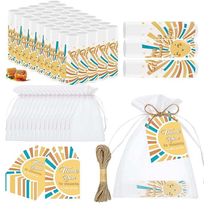 50 PCS Here Comes The Sun Baby Shower Lip Balms Bulk Gift for Guests,Thank You Gifts Sun Birthday Supplies Stuffers,Favors Boys Girls Games Neutral Gender Reveal Thanksgiving Party Favors (Sun)