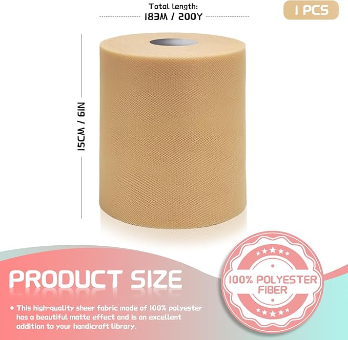 6" x 200 Yards Beige Tulle Fabric Rolls, Beige Spool Tulle Ribbon for DIY Tutu Skirt Wedding Decoration Baby Shower Birthday Party Backdrop Gift Wrapping Bow Craft Supplies