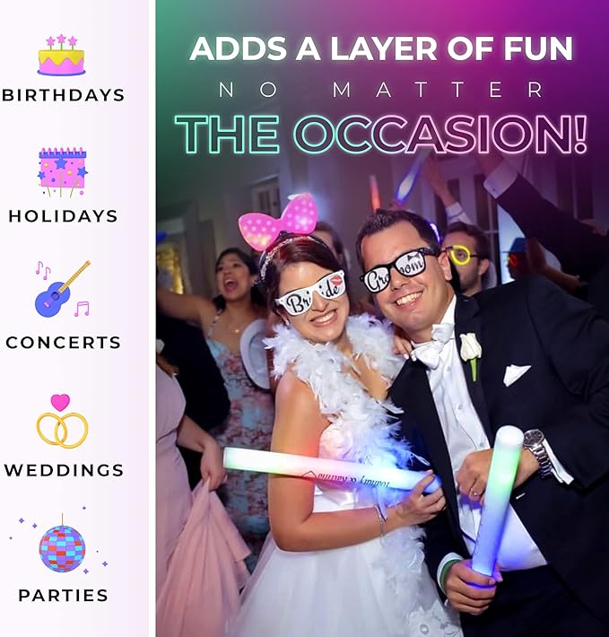 Foam Glow Sticks Bulk - 100 White Foam Light Up Sticks and LED Foam Sticks - 100 Reusable 16" Light Up Foam Sticks White Foam Glow Sticks for Wedding, Parties, and Dancing