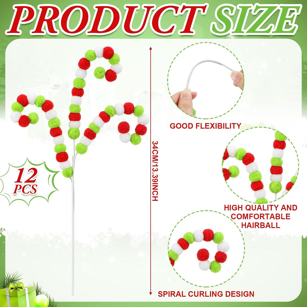 Gejoy 12 Pcs Christmas Tree Picks and Sprays White Red Green Christmas Picks 12'' Candy Cane Lime Green Pompom Peppermint Tree Topper Elf Ornament for Xmas Wreath Vase Filler Branches Decoration