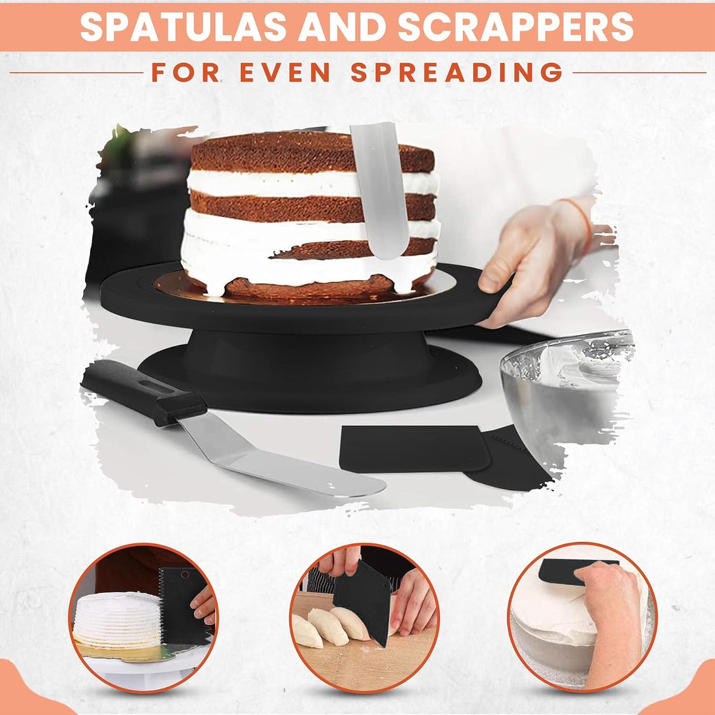 11 Inch Rotate Turntable Sculpting Wheel Revolving, 35PCs Cake Turntable Painting Turn Table Lightweight Stand with Icing Tips& Bags-Straight&Offset Spatula for Paint Spraying Spinner, Cake Decorating