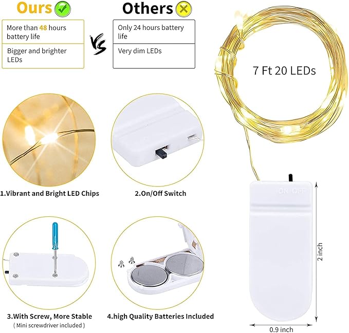 Brightown 24 Pack Fairy Lights Battery Operated String Lights - 7 ft 20 LED Mini String Lights Waterproof Silver Wire Firefly Lights for Vases Mason Jars DIY Crafts Plants Table Centerpieces Wedding