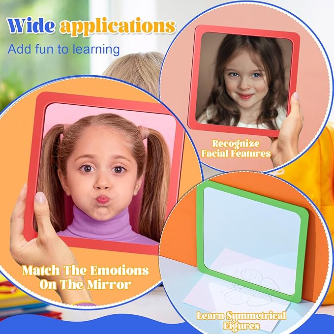 Dandat 10 Pcs Small Mirrors for Kids 6 x 6 Inch Square Shatter Proof Reflector Toddler Glass Plastic Reflector for Classroom DIY Craft Preschool Facial Expression (Multicolor)