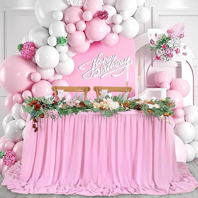QueenDream Pink Chiffon Table Skirt 6ft Pink Table Cloth for Rectangle Tables Birthday Princess Girl Baby Shower Party