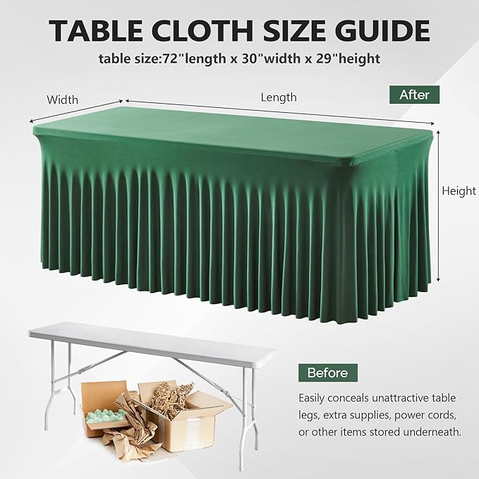 Wish Care 6 Pack Hunter Green Spandex Table Clothes for 6 Foot Rectangle Tables, 6FT Wrinkle Free Fitted Tablecloths Ruffles Design Table Cover for Party, Banquet, Wedding and Events