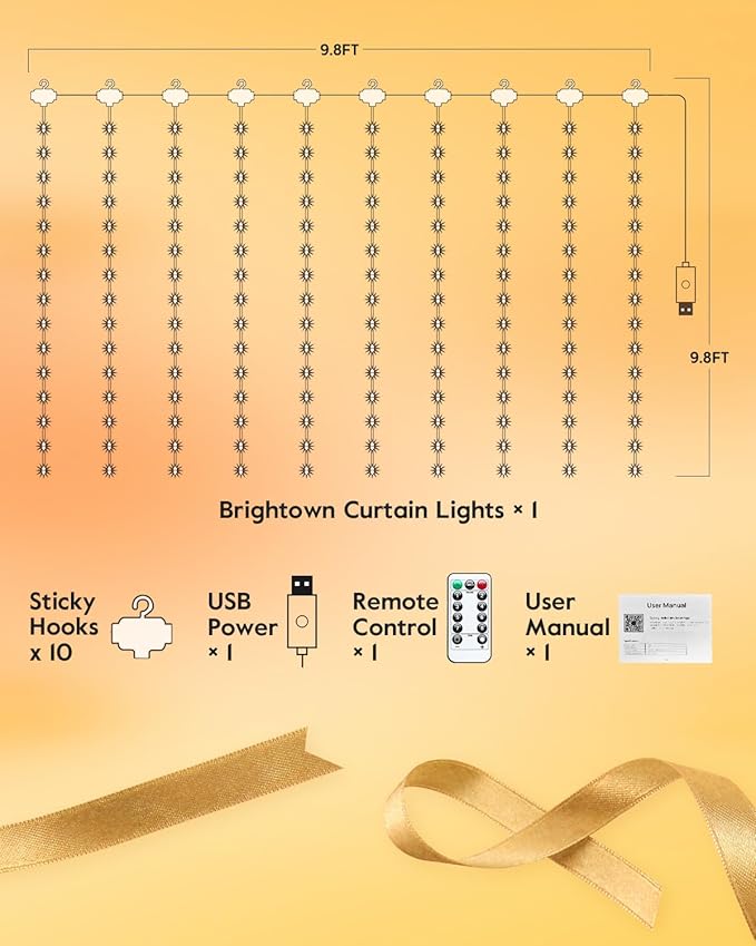 Brightown Smart Curtain Lights - 9.8ft 300 LED Window Smart String Light with APP and Remote, 8 Modes, USB Plug in, Waterproof Fairy Lights for Bedroom, Indoor, Weddings, Party, Christmas Decorations