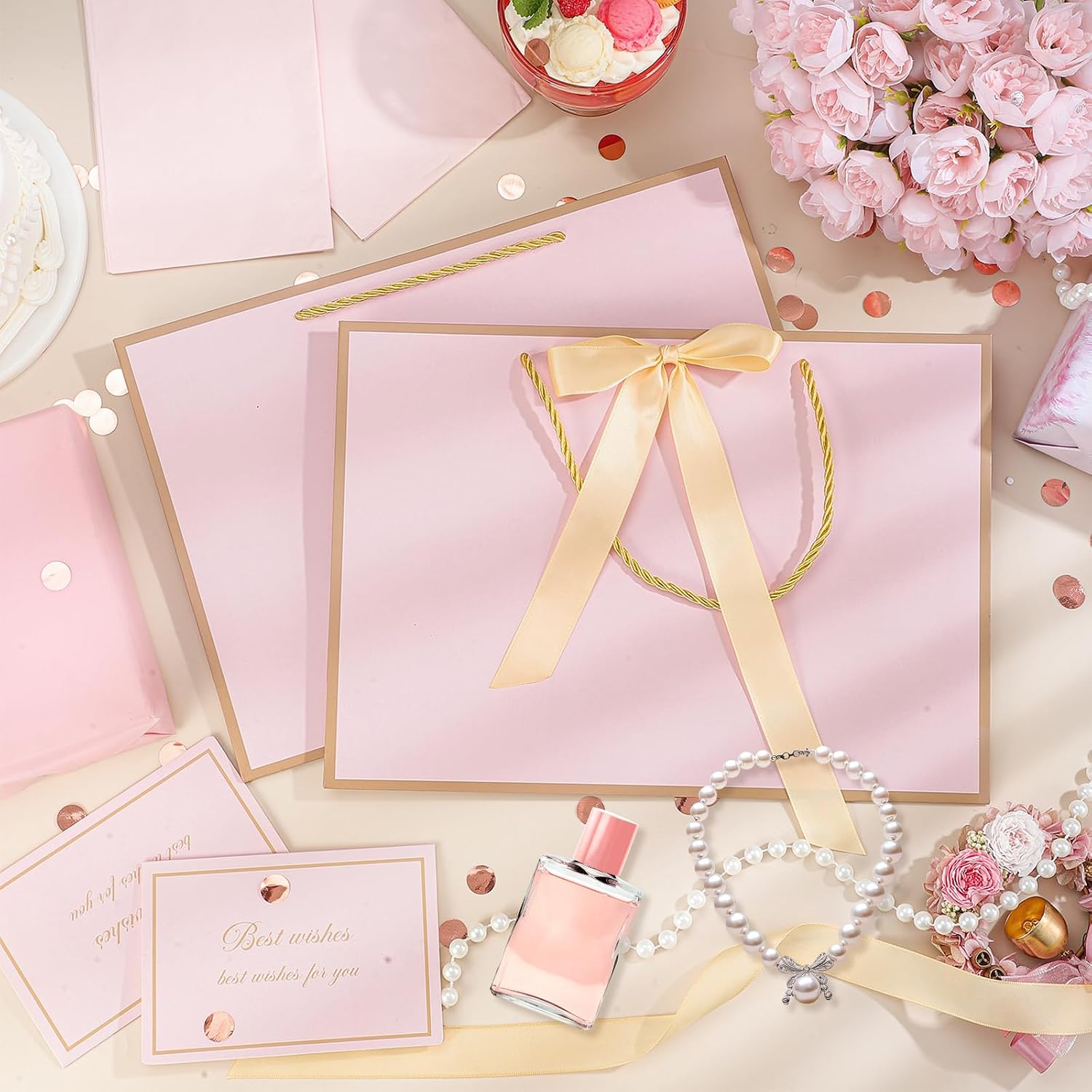 woric Pink Gift Bags with Handles, 14" Medium Gift Bags with Tissue Paper, 2 Pcs Pink Bags with 4 Tissue Paper and 2 Cards for Baby Shower Wedding Bridal Shower Birthday Party