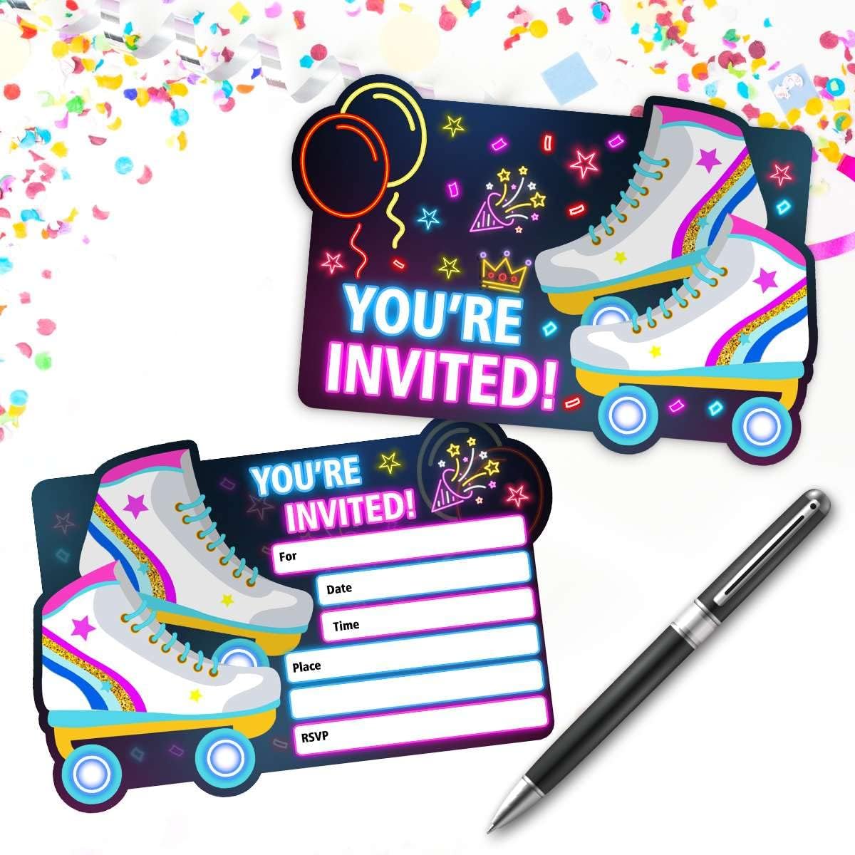 Simimi art Neon Roller Skating Birthday Party Invitations for Girls - Roller Rink Skate Party Invites - 30 Invite Cards with Envelopes