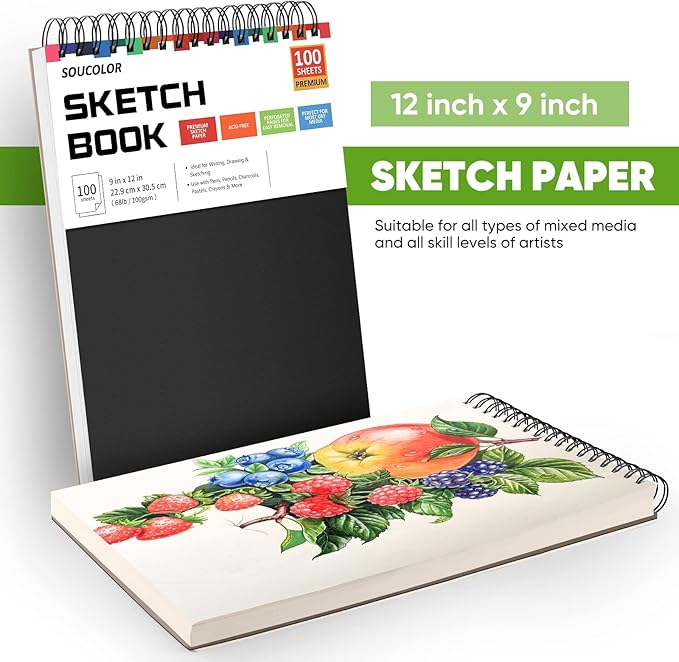 Soucolor Art and Craft Paper for Kids Adults Artists Doodles, School Projects & Home Painting, 9"x12" Bulk Sketch Books 3-Pack (100 Sheets Each) | Spiral Bound Drawing Paper Acid Free (68lb/100gsm)