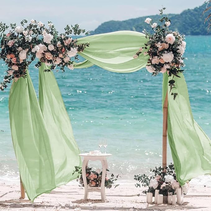 VOK Sage Green Wedding Arch Draping Fabric 29in x 18Ft 4 Panels Sheer Chiffon Curtain Drapes Extra Long for Outdoor Wedding Ceremony Birthday Party Decoration