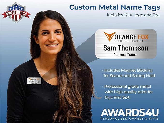 Custom Name Tag with Logo - Personalized Name Badge with Magnet Backing - Choose Your Size and Color (Silver Metal 3"x1.5" - Logo on Top)