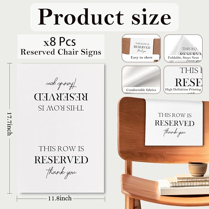 Reserved Seating Chair Signs, This Row Is Reserved Pew Cloths Seating Placeholder for Church Pews, Wedding Decorations for Reception Parties Celebrations Event Meetings (8 PCS, White)