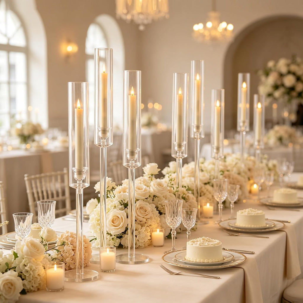 Vincidern 6pcs Clear Taper Candle Holder Set, Centerpieces for Tables, Acrylic Candlestick Holder for Dining Table, Fireplace, Wedding, Party, Holiday, Home Decor