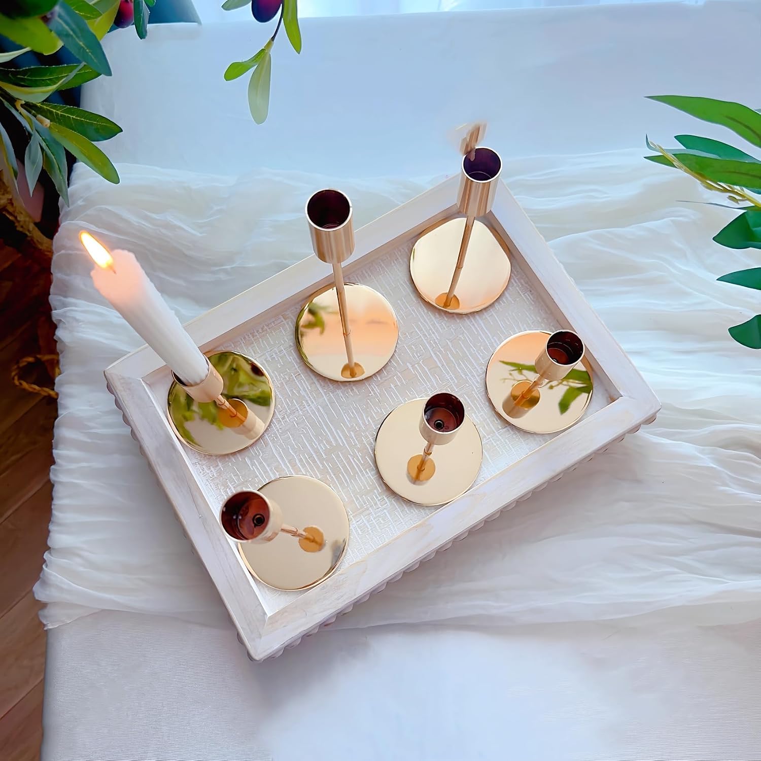 Gold Candlestick Holders, Taper Candle Holders, Set of 6, 3 Heights | Modern metal table decor with stable round bases for wedding centerpieces, dining tables, mantels, parties, and home decor